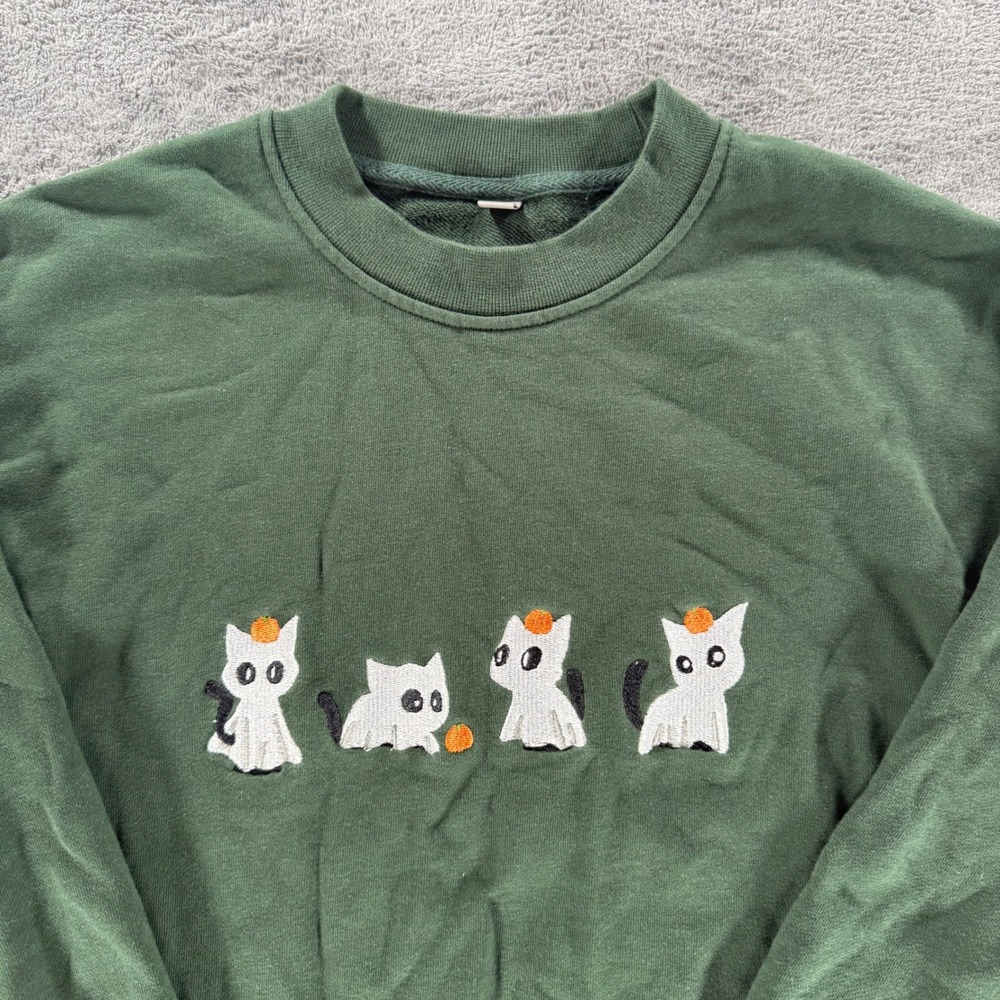 Unbranded Sweatshirt Unisex Small Green Embroidered Ghost Cats Halloween Fun